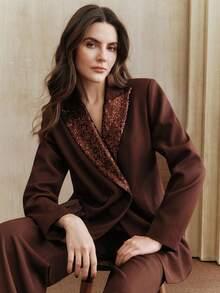 Anewsta Women's Casual Black Sequin Long Sleeve Winter Jacket, Sparkly Top, Elegant, Suitable For Christmas, New Year, Party, Winter - Coffee Brown - View 4