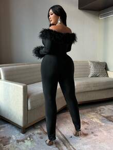 NU&NOW 大码女式毛茸茸装饰长袖连体裤，浪漫约会夜派对俱乐部服装，设计感十足 - 黑色 - 查看 5