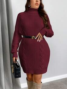 SHEIN Privé Váy len dệt kim cổ lọ dáng rộng dáng suông cỡ lớn cho nữ, thoải mái khi mặc hàng ngày, mùa thu/đông - Màu Đỏ Sâu - Xem 4