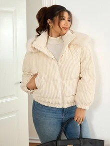 Lounesse Chaqueta larga de manga larga con cuello de piel texturizada en beige para mujer de talla grande, abrigo de moda de talla grande para otoño e invierno para mujeres - Beis - Ver 4