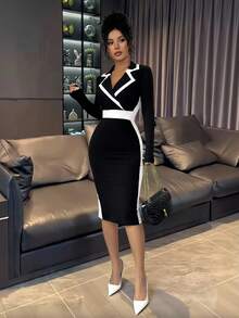 SHEIN PETITE Váy đen ngắn tay dài ôm sát cổ áo blazer màu tương phản thanh lịch dành cho nữ, Váy thu/đông dành cho nữ, Váy dự tiệc thanh lịch, Váy đen ngắn, Trang phục Giáng sinh dành cho nữ, Váy dự tiệc - màu đen - Xem 7