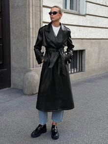 Ontre Women's Fashion PU Double-Breasted Waist Belt Trench Coat Street-Cool, High-End, Simple, Cool Motorcycle Style Workwear A Must-Have For Autumn And Winter: A High-End, Comfortable, Vintage-Style Jacket Back-To-School Season Campus Wear Club Wear Youthful Casual Style Low-Key And Durable Basic Style, All-Match And Suitable For Everyone, Street Fashion Wear, Coffee Shop Wear, Relaxed Wear All-Season Winter Clothes