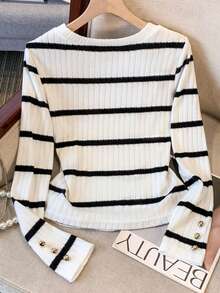 Franclia 女士新款罗纹圆领长袖休闲宽松厚T恤，适合春秋季 - 黑與白 - 查看 2