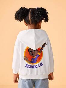 Blippi X SHEIN Young Girl Casual Cartoon Graphic Hooded Zip-Up Long Sleeve Knit White Sweatshirt - White - View 3