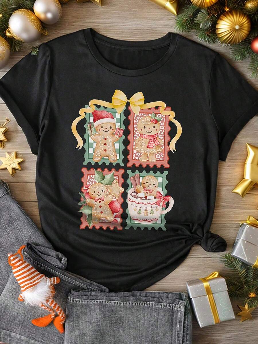 EMERY ROSE Christmas-Themed "Colorful Christmas Elements Collection" Printed Casual Plus-Size T-Shirt - Black - View 1