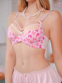 PetitDoll 1pc Women's Elegant Butterfly Print Underwire Bra - Pink - View 4