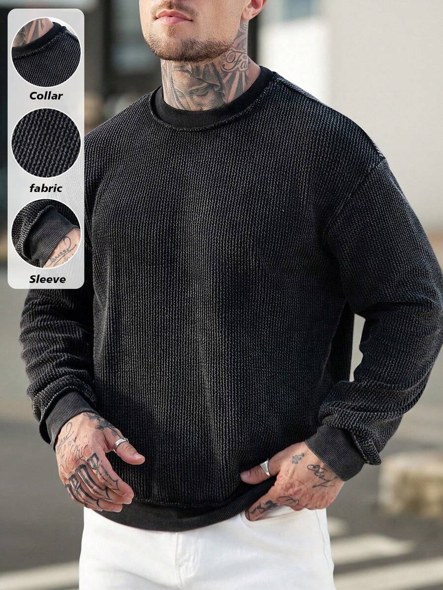 Manfinity CasualCool Men's Solid Color Round Neck Casual Versatile Long Sleeve Pullover Sweatshirt Men Clothes Street Wear Knit Wear Men Jumper For Men - Black - View 1