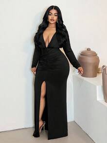 Maweii Plus-Size Women's Sexy Deep V-Neck Hem Slit New Year Party Dress - Black - View 5