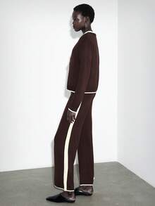 Lumivelle Women's Brown & Beige Contrast Color Round Neck Short Cardigan Paired With Wide Leg Pants - Multicolor - View 2