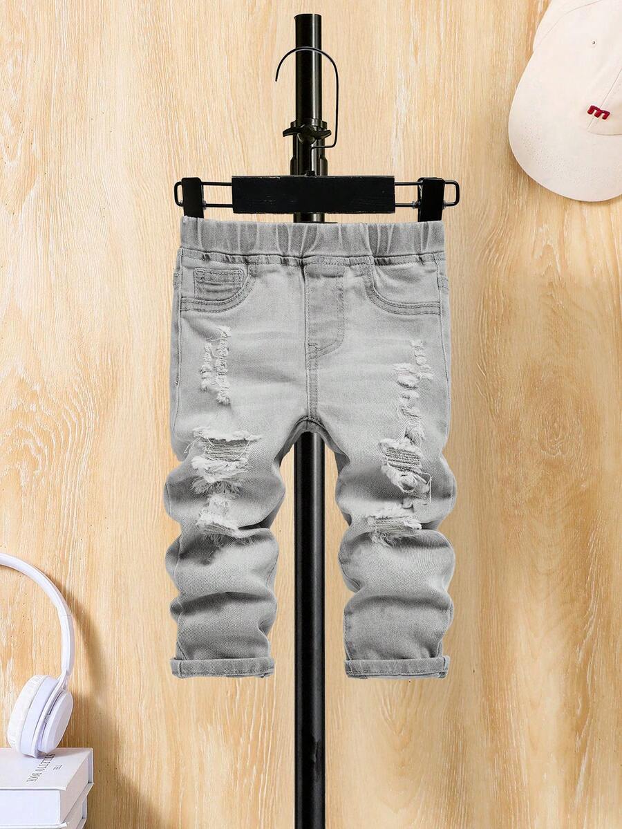 SHEIN Calça Jeans Preta Lavada com Bolso e Rasgos para Bebê Menino, Primavera Verão, Roupas de Verão para Bebê Menino, Calça Jeans Rasgada para Bebê Menino