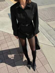 Siren Gaze 女士纯色长袖单排扣衬衫和短裤优雅两件套 - 黑色 - 查看 4