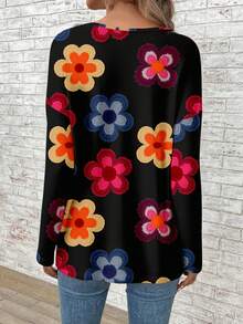 EMERY ROSE Áo thun tay dài cổ chữ V in hoa cỡ lớn cho nữ - màu đen - Xem 2