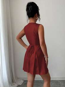 Elenzga Váy ngắn thắt eo đính đá lấp lánh, phong cách Pháp cổ điển thanh lịch, phù hợp cho lễ tốt nghiệp, tiệc tùng, hẹn hò, đi làm, đa năng - Màu Đỏ Sâu - Xem 2