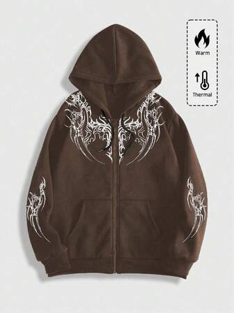 Goth Felpa con cappuccio casual da uomo con stampa gotica, maniche lunghe, chiusura lampo frontale e tasche, adatta per autunno/inverno