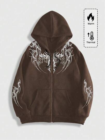 Goth Sudadera con capucha casual con diseño de bolsillo con cremallera y estampado gótico de manga larga para hombre, otoño/invierno