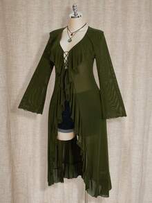 SHEIN ICON Plus Size Military Green Exaggerated Ruffle Front Tie Knit Top - Army Green - View 8