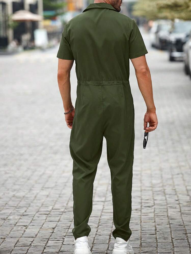 Manfinity CasualCool Mono de camisa de manga larga para hombre con bolsillo de solapa y cintura con cordón - Verde militar - Ver 2