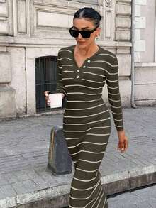 EURMUSE Women's Ribbed Rib Knit Long Sleeve Sweater Dress - Army Green - View 4