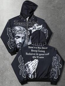 ROMWE MEN Street Life Men's Street Graphic Print Hooded Sweatshirt Long Sleeve Sweatshirt, Casual Wear - Black - View 1