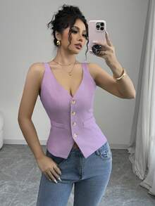 Elenzga 女士纯色单排扣修身无袖上衣 - 淡紫色 - 查看 1