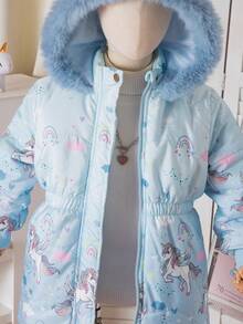女童冬季羽绒服，加厚保暖内衬，彩色毛领连帽拉链外套，修身腰身，大口袋，儿童冬季羽绒服 - 淺藍色 - 查看 5