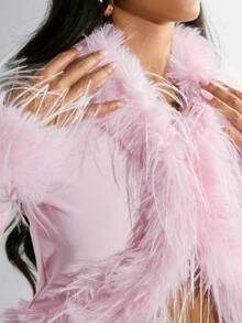 INAWLY Women's Y2K Solid Color Fuzzy Patchwork Long Sleeve Fashionable T-Shirt - Pink - View 4