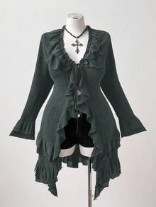 Sunspun Chaqueta de manga larga con parches y volantes, estilo oscuro y talla grande - Gris Oscuro - Ver 4