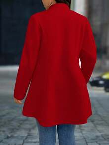 SHEIN PETITE CURVE 大码女式优雅立领带口袋大衣 - 紅色 - 查看 2