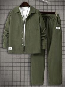 Vacaura 2件套青少年男童时尚派对休闲翻领长袖衬衫和直筒裤套装 - 軍綠色 - 查看 5