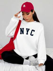 SHEIN EZwear Bộ 2 áo nỉ cổ tròn rộng rãi thoải mái và quần legging bó, in họa tiết NYC - Nhiều màu - Xem 4