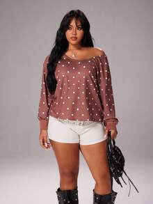 Rustia Plus Size Women's Polka Dot Sweatshirt, Brown, Casual & Comfortable Pullover Sweatshirt For Autumn/Winter Casual - Brown - View 6