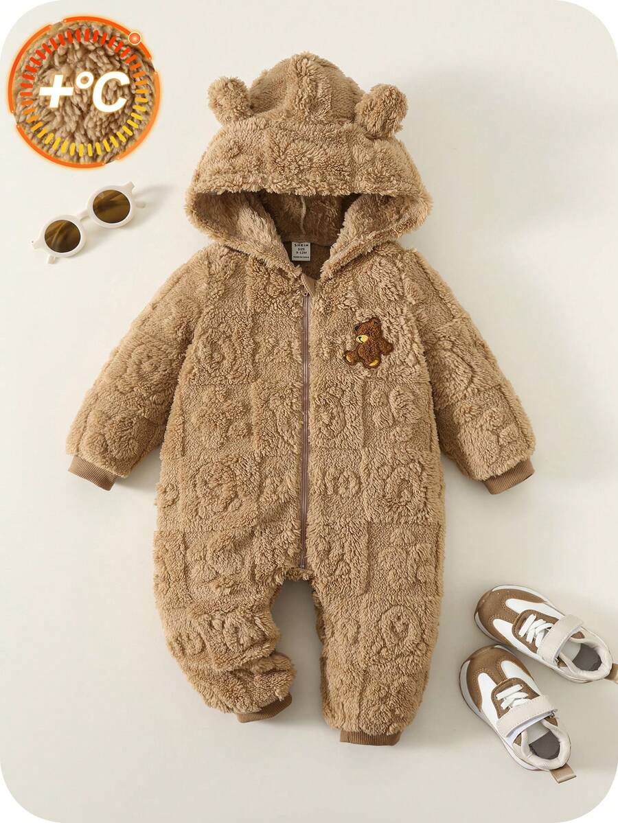 SHEIN Baby Boys Fall & Winter Clothes, Jumpsuits, Thermal Lined Cute Bear Pattern Hooded Jumpsuit, Comfortable Versatile Casual StyAll-MatchBasic Daily Wear, Suitable For Indoor, Outdoor Skiing, Daily, Sports, Party, Photo Shoot, Festival, Christmas, New Year Baby Teddy Bear Outfit Baby Winter Clothing Baby Coat Jumpsuit - Brown - View 1
