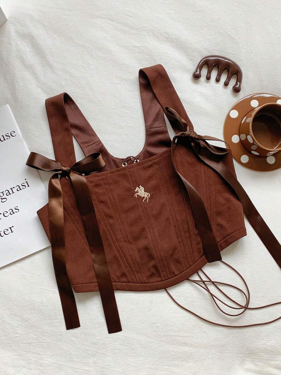 Comfortcana 2025 New Fall And Winter Fashionable Women's Western Style Lace-Up Embroidered Top Brown Corset New Year Look Christmas For Women Thanksgiving For Women Party Vintage Style