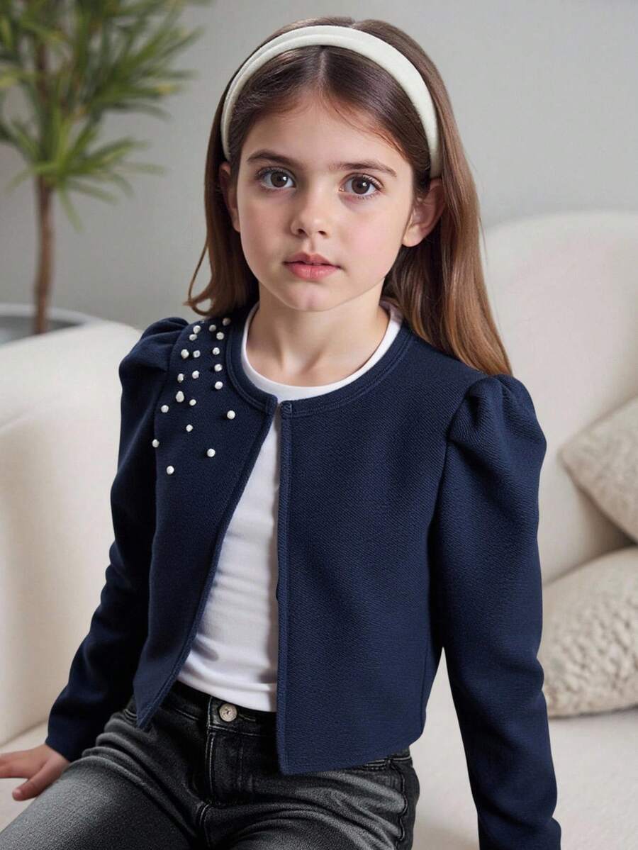 SHEIN Dziewczęca dzianina teksturowana, ładny bufiasty rękaw, elegancki krótki kołnierzyk ze stójką, perłowa dekoracja, kurtka płaszcz