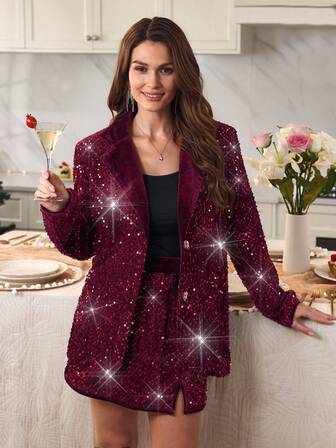 Lyxana Conjunto de blazer y falda de mujer, estilo casual con bloques de color, lentejuelas y manga larga para fiesta elegante. Conjunto de 2 piezas con blazer y falda mini unicolorido