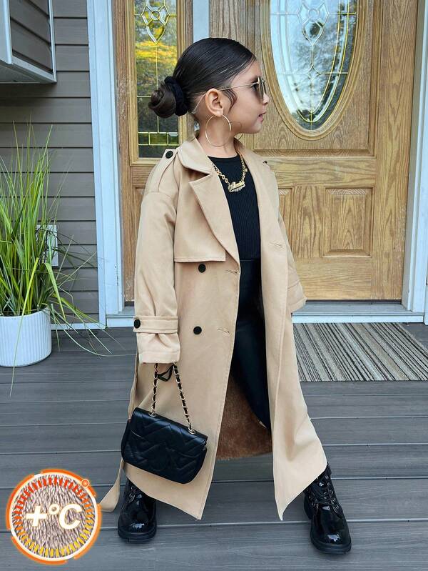 SHEIN Kleine Mädchen Khaki Fleece gefütterter Trenchcoat mit langen Ärmeln, vielseitig einsetzbar für Herbst/Winter