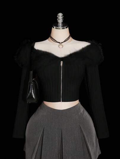 SHEIN ICON 加大码露肩毛绒饰边短款白色夹克，秋季女装，秋季服装