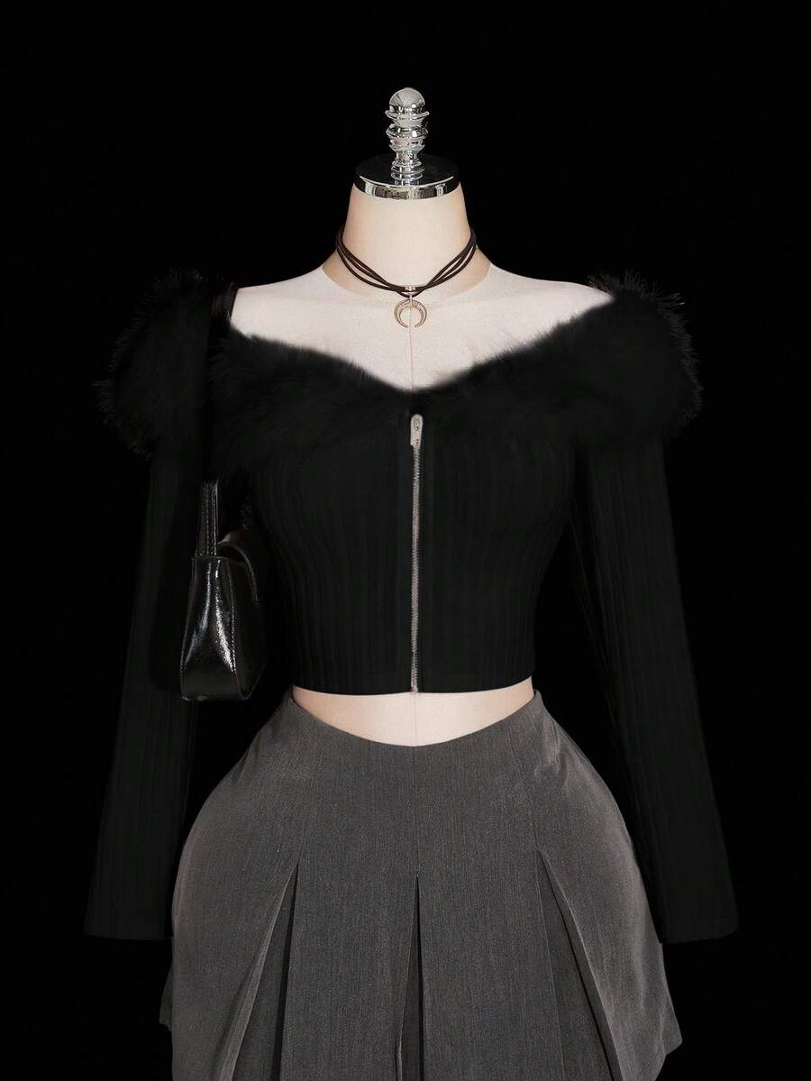 SHEIN ICON Chaqueta corta blanca con hombros descubiertos y ribete de peluche, ropa de mujer de otoño, atuendos de otoño de talla grande - Negro - Ver 1