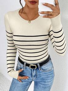 SHEIN Frenchy Women's Round Neck Long Sleeve Striped Fitted Sweater, Fall/Winter Women Sweaters Fall Fall Women Outfits Fall Sweaters, Long Sleeve Tops,Knitted Sweater Casual - Apricot - View 7
