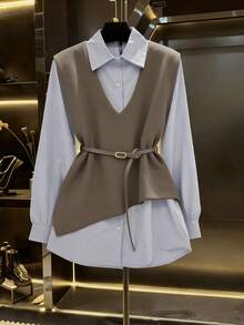 Franclia 2025 Autumn Fresh Debut: Ladies' 2 In 1 Jacket-Shirt Ensemble, Boasting Artful Asymmetrical Tailoring, Exquisite Button Accents & An Adjustable Waist Sash, Streamlined Silhouette That Enhances A Slimmer Look, Versatile For Office Commutes, Leisurely Weekends & Casual Outings - Multicolor - View 1