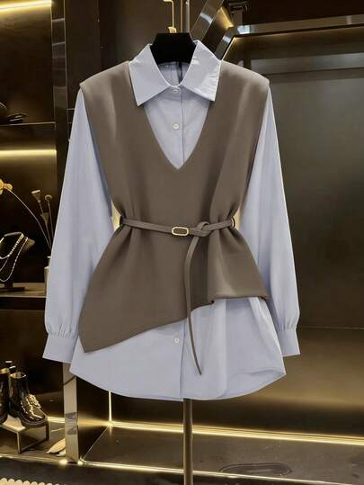 Franclia 2025 Autumn Fresh Debut: Ladies' 2 In 1 Jacket-Shirt Ensemble, Boasting Artful Asymmetrical Tailoring, Exquisite Button Accents & An Adjustable Waist Sash, Streamlined Silhouette That Enhances A Slimmer Look, Versatile For Office Commutes, Leisurely Weekends & Casual Outings