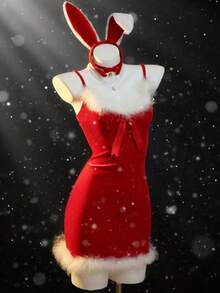 Elamini 1 件红色毛绒 V 领蝴蝶结装饰紧身迷你连衣裙，性感露背无袖鸡尾酒会礼服，适合圣诞节、新年、舞台表演、角色扮演 - 紅白色 - 查看 4