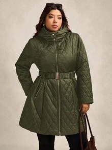 Zelara Abrigo acolchado y acolchado con cinturón de metal, abrigo con capucha de talla grande para otoño/invierno - Verde militar - Ver 5