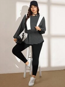 SHEIN LUNE Plus Size Fall Women Black & White Striped 2-Piece Set: Striped T-Shirt & Leggings, Casual Sports Workout Set Women Clothing Sets Airport Women Outfits Outfit Sets Two Pieces Piece Set Travel Outfit Airport