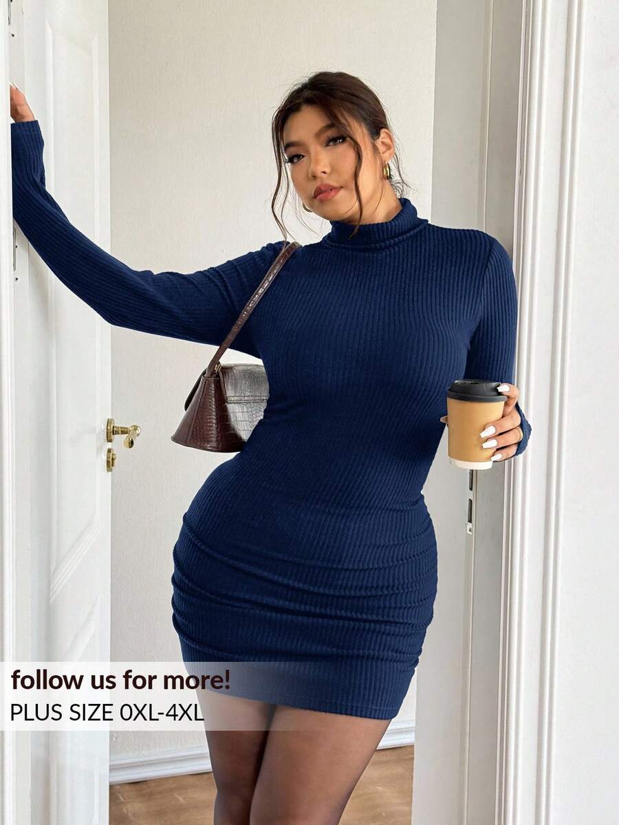 Lounesse 大码女式高领纹理面料黑色紧身长袖连衣裙，百搭针织连衣裙，适合日常穿着和通勤，秋冬 - 寶藍色 - 查看 1