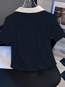 INAWLY 女士字母樱桃刺绣撞色 Polo 领短袖休闲 T 恤 - 藏蓝色 - 查看 2