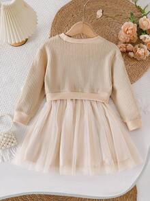 SHEIN Playful Pals 1pc Girls Butterfly Decor Round Neck Long Sleeve Mesh Hem Dress, Fresh & Elegant Fashion, Cute & Sweet, Suitable For Autumn/Winter