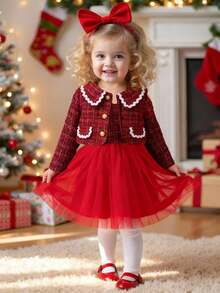 SHEIN Ensemble robe et veste bébé fille à carreaux élégant et mignon avec contraste de maille - Multicolore - Voir 2