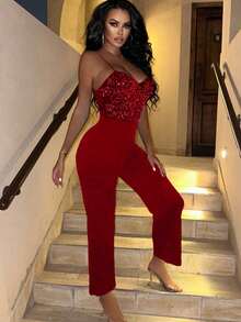 Zolique 女士吊带露背直筒亮片连体裤 - 酒紅色 - 查看 6