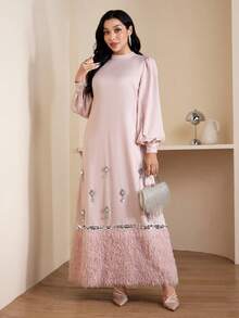Veilorie Vestido elegante de estilo árabe para mujer con mangas de farol, decoración de flores de rhinestone y dobladillo esponjoso - Rosa - Ver 3